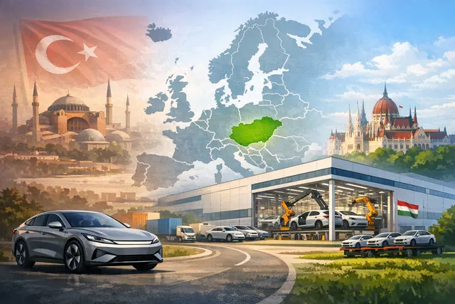 A futuristic aerial view of the BYD electric vehicle factory in Szeged, Hungary, with rows of completed cars and construction activity, symbolizing the company's European expansion