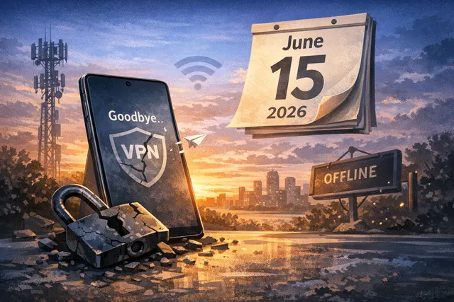 Samsung Max VPN shutdown notice on a dark-toned smartphone screen with a farewell message