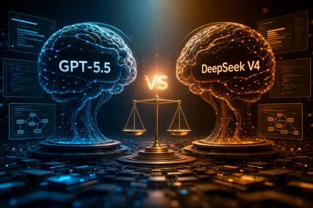 GPT-5.5 與 DeepSeek V4 基準測試、coding、agent 任務與價格比較的抽象科技視覺
