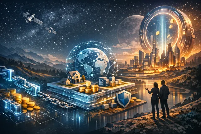Abstract illustration of blockchain-connected insurance and reinsurance, representing the Re protocol bridging DeFi capital with real-world risk