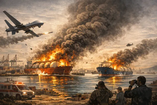 Artistic rendering of a drone attack on gas vessels at Egypt's Damietta port, with smoke rising from the Mediterranean shoreline.
