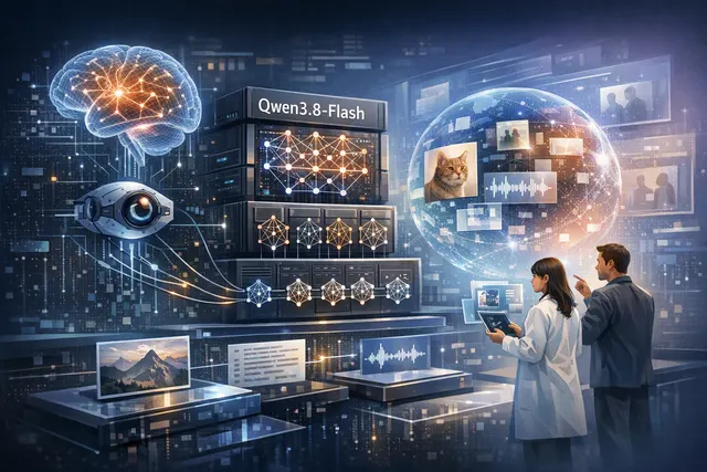 Abstract editorial illustration representing Alibaba Qwen3.8-Flash-Next, a multimodal mixture-of-experts model previewing the Qwen4 architecture