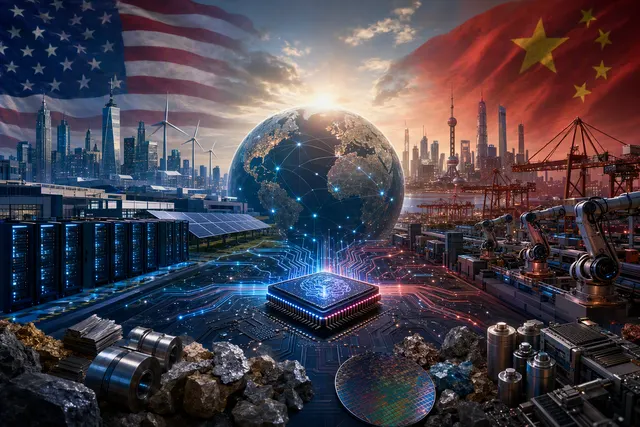 Editorial illustration of the U.S.–China artificial intelligence competition and global technology infrastructure