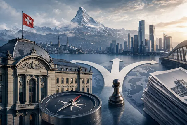 Illustrated editorial image representing UBS’s possible relocation and merger scenarios amid Switzerland’s capital-rule debate