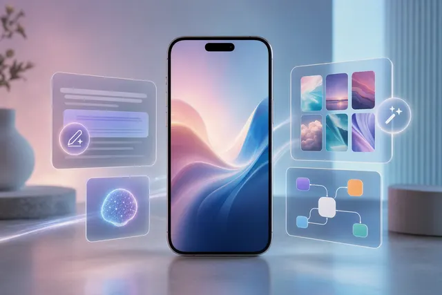 Concept illustration of Apple iPhone interface showing AI features like grammar tools, AI wallpapers, and smart automation in iOS 27