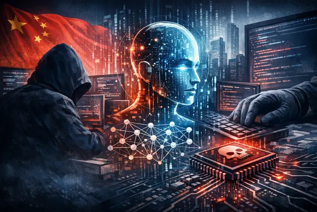 Conceptual illustration of an AI model connected to an automated cyberattack network