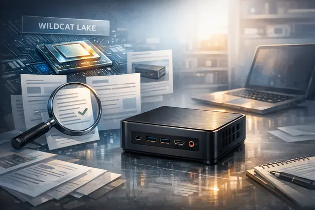 Beelink EQi 304 mini PC with Intel Wildcat Lake processor, showing its compact form factor and front ports