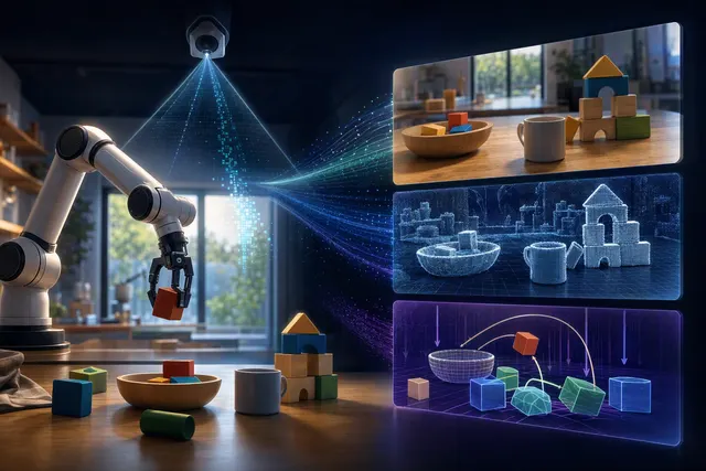 Illustration of a camera-centric AI world model representing 3D geometry, gravity and visual appearance