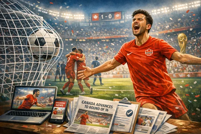 Stephen Eustáquio celebrates his 92nd-minute winning goal for Canada against South Africa in the 2026 FIFA World Cup Round of 32 at SoFi Stadium.