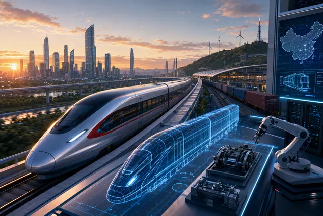 Editorial illustration representing China’s high-speed rail and railway technology plans