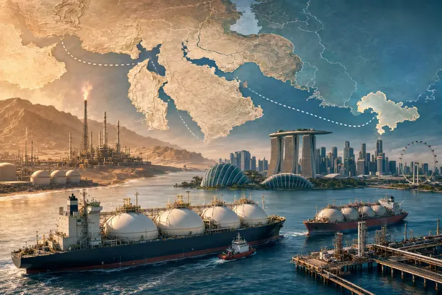 AI-generated editorial illustration for a story about Singapore’s energy-supply risks
