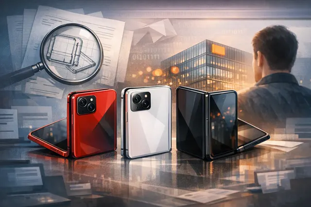 AI-generated illustration of a rumored foldable iPhone shown in red, white, and black finishes