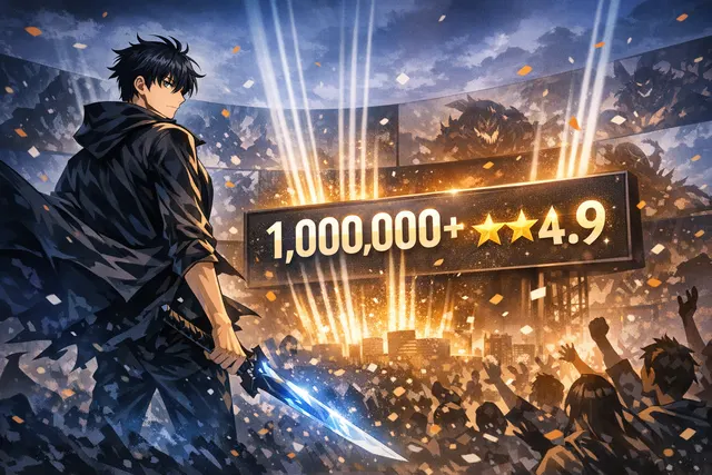 Solo Leveling main character Sung Jinwoo overlaid with Crunchyroll interface showing 4.9-star rating and 1M user reviews.