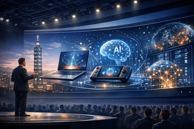 Intel CEO Lip-Bu Tan presenting Intel's 18A-based AI computing lineup across PCs, handhelds, and data centers at Computex 2026 in Taipei.