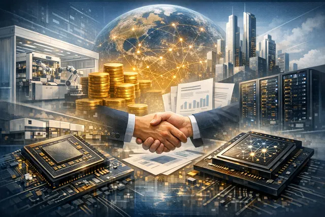 Conceptual illustration of Samsung and Broadcom AI chip partnership, showing semiconductor wafers, HBM memory stacks, and interconnected AI chip architecture representing the $200