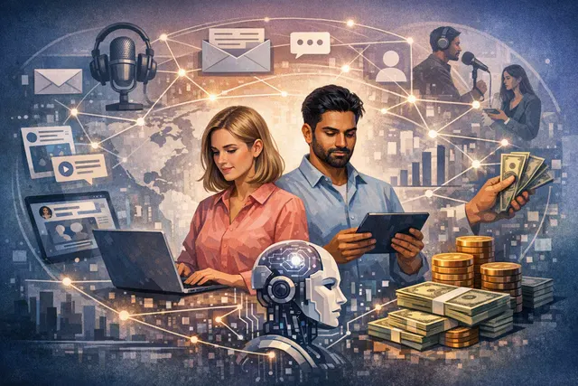 Abstract illustration of AI agents connecting B2B companies with newsletter, podcast and social-media creators