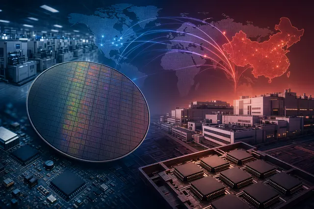 Illustration of semiconductor wafers and AI chips representing mature-node chip supply shifts toward Chinese foundries