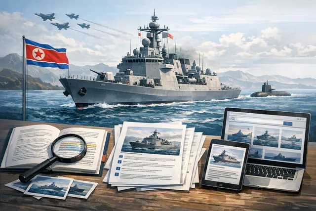 AI-generated editorial image representing North Korea's largest warship, the 5,000-ton destroyer Choe Hyon, and Kim Jong Un's nuclear naval ambitions.