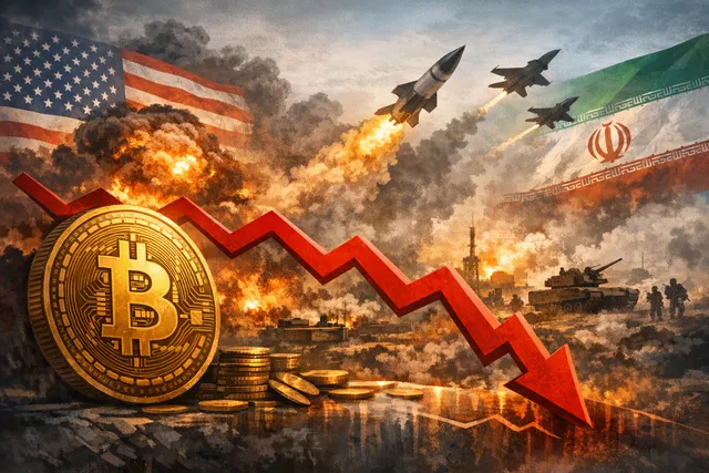 Bitcoin price chart showing a sharp drop below $73,000 amid U.S.-Iran military strike headlines with ETF outflow data overlaid in red