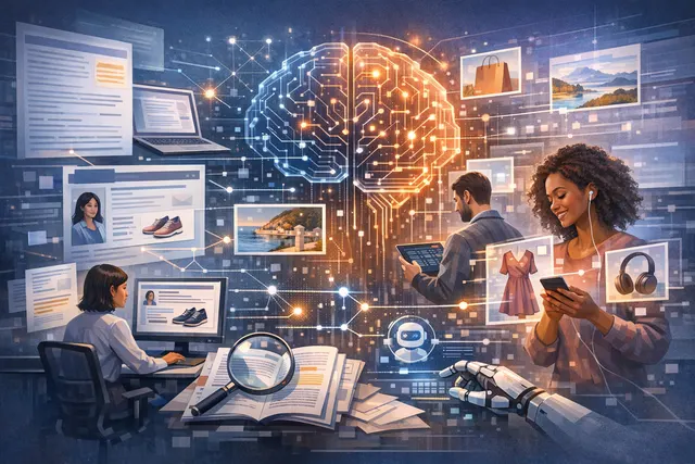 Abstract visualization of AI-powered personalization connecting customer data points to deliver one-to-one experiences at scale