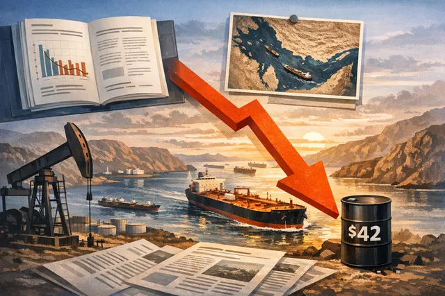 An oil tanker sails through the Strait of Hormuz at sunset, symbolizing the reopening of the critical waterway and the flood of supply that crashed Russian Urals crude prices.