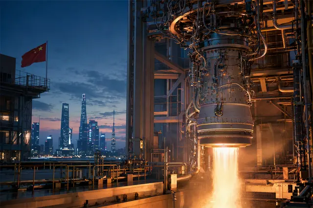 Illustration of a rocket engine test, representing Welight’s Huaguang-1 preburner firing milestone