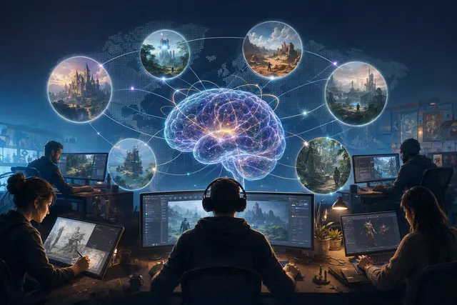 AI-generated editorial illustration for an article about Ubisoft’s reported Motherbrain generative-AI initiative