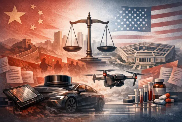 Illustration of Chinese technology companies facing U.S. Pentagon blacklist challenges and court review