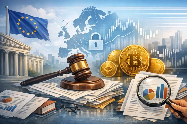 EU flag and crypto coins representing the MiCA regulatory transition deadline on July 1, 2026