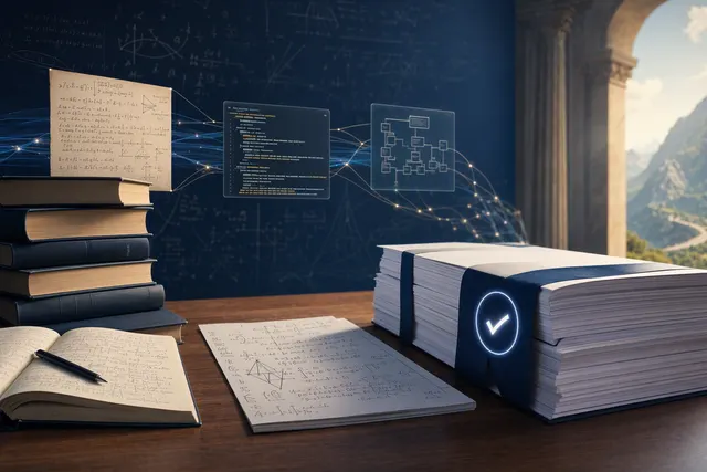 Editorial illustration representing AI agents, formal mathematics, and a Lean proof of Fermat’s Last Theorem