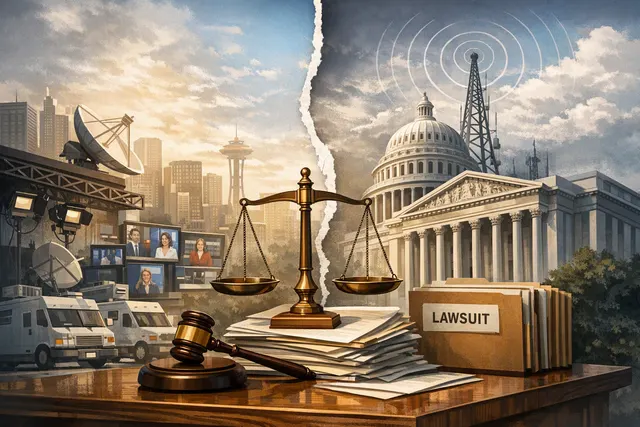 Illustration of ABC and Disney facing an FCC broadcast license review in a First Amendment dispute