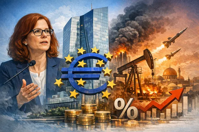 A visual representing the European Central Bank's June 2026 interest rate decision, featuring symbolic imagery of energy markets, inflation charts, and the euro currency, set again