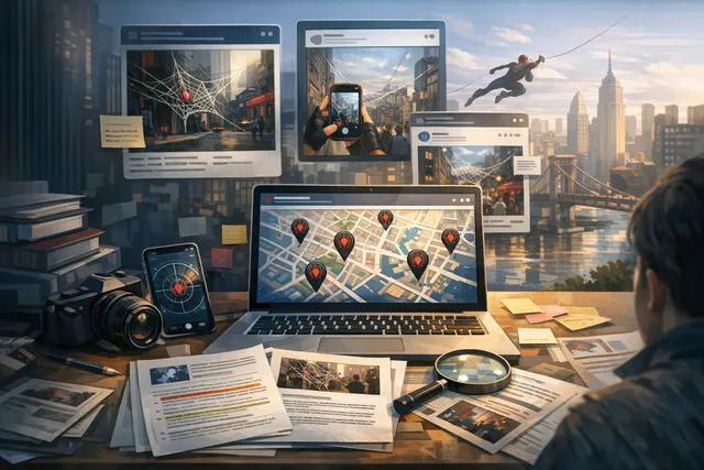 Concept art showing Spider-Man in action against a cityscape backdrop with Hulk looming in the background and the Spidey Tracker interface overlaid, representing the marketing camp