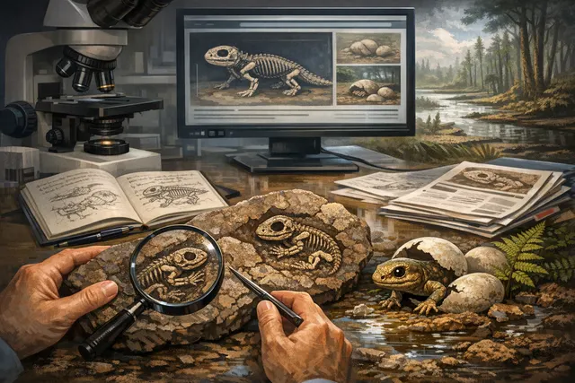 Illustration of a 310-million-year-old early tetrapod hatchling emerging from an egg, resembling a miniature adult without external gills or tadpole-like features.