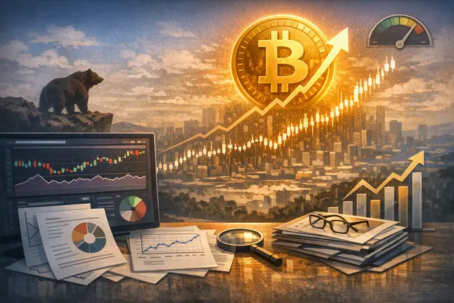Editorial illustration of Bitcoin momentum breaking upward toward a key resistance level