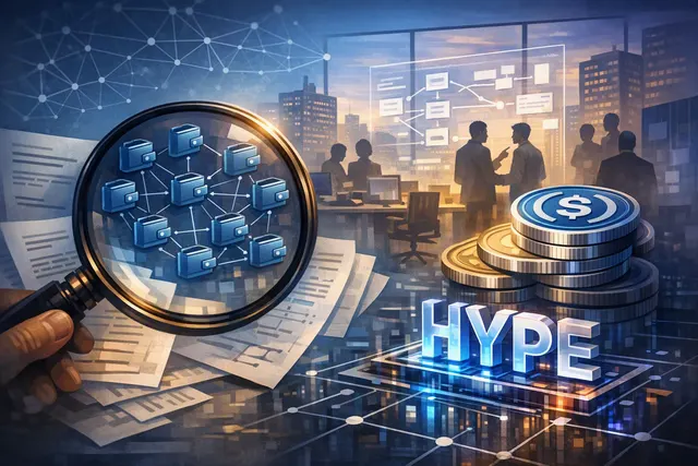 Editorial illustration representing coordinated crypto wallet activity and HYPE purchases on Hyperliquid