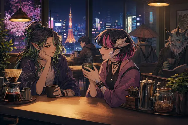 Stylized late‑night Tokyo café scene inspired by Coffee Talk Tokyo, with a barista serving drinks to human and yōkai customers