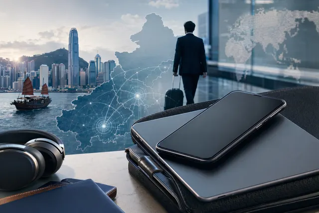Concept illustration of restricted corporate smartphones used by bankers traveling to China for cybersecurity protection