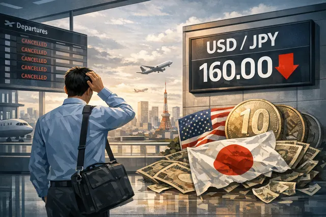 Japanese yen banknotes and U.S. dollar bills on a forex trading chart showing the exchange rate sliding toward 160