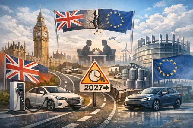 Electric vehicle assembly line with battery packs being installed, illustrating the Brexit tariff deadline challenge for EU and UK car manufacturers