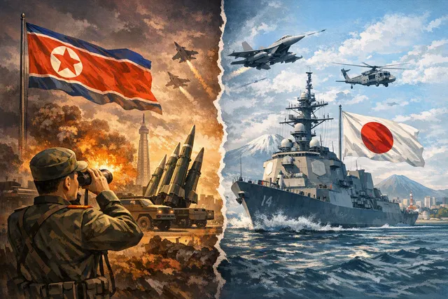 Editorial illustration of Japan’s defense buildup and North Korea’s warning over its planned FY2027 budget