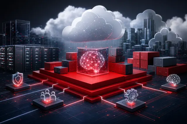 AI-generated editorial illustration of Red Hat Summit 2026 enterprise AI infrastructure, hybrid cloud and agentic AI workloads