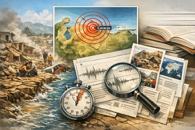 AI-generated editorial illustration of the 2026 Venezuela twin earthquakes showing seismic waves and damaged urban landscape.