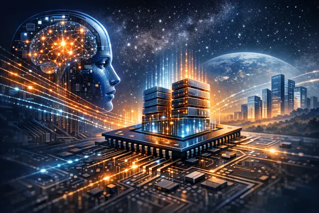 Abstract visualization of AI memory wall with glowing circuits and memory chip blocks representing the shift from compute to memory bottlenecks