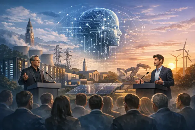 Editorial illustration of Jensen Huang and Sam Altman discussing domestic AI infrastructure and regulation with G20 ministers
