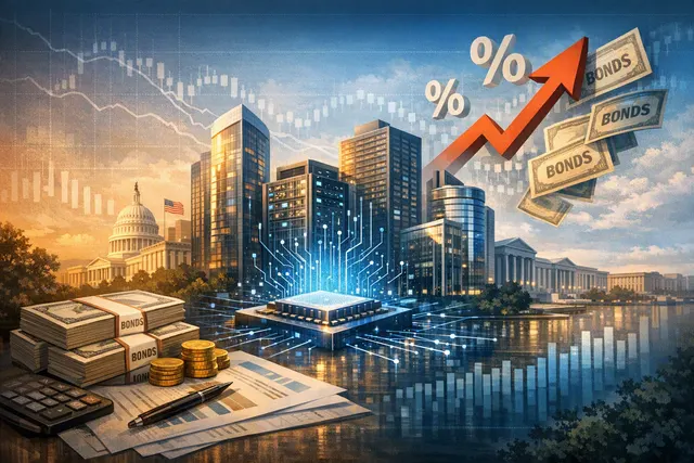Editorial illustration of AI data centers and technology companies issuing long-term bonds into a crowded fixed-income market