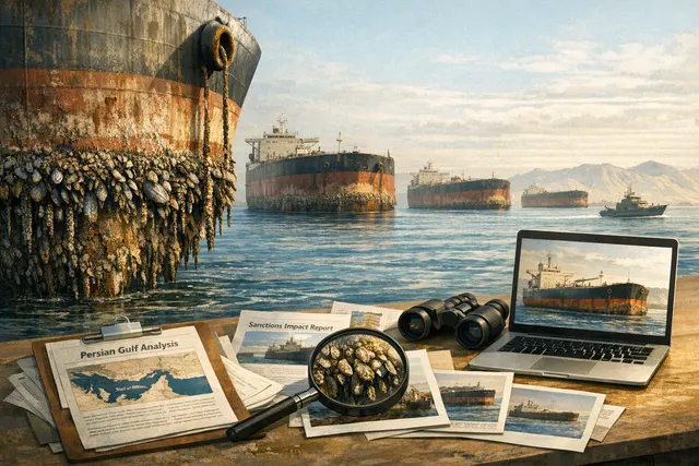 AI-generated illustration of massive oil tankers covered in barnacles and marine growth, stranded in the Persian Gulf near the Strait of Hormuz.