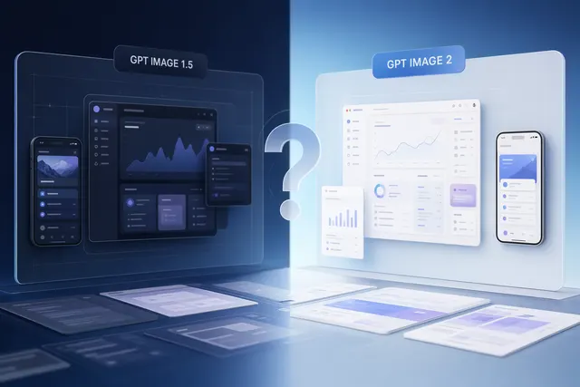 AI 生成編輯插圖，展示 GPT Image 2 與 GPT Image 1.5 在 app screenshot 和 UI mockup 工作流中的對比