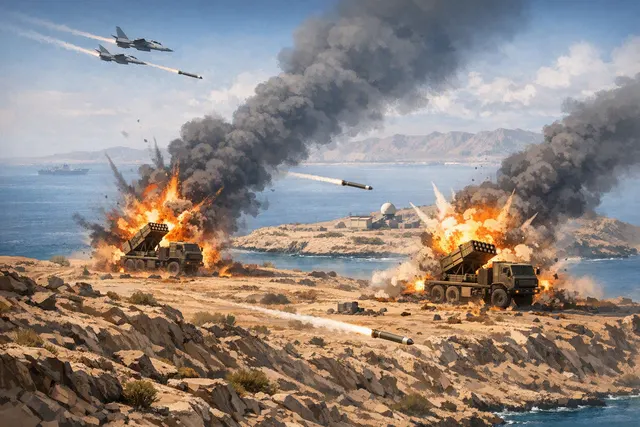 Editorial illustration of a rocket launcher on Larak Island near the Strait of Hormuz with naval mines and commercial ships in the distance