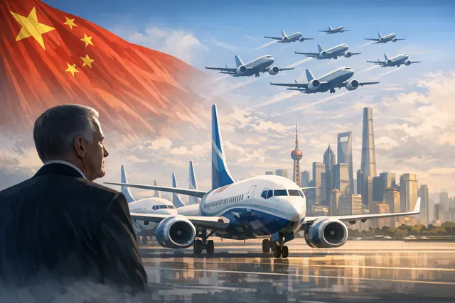 Boeing CEO Kelly Ortberg speaks about the initial tranche of a 200-jet deal with China, with a Boeing 737 MAX and commercial aviation backdrop.